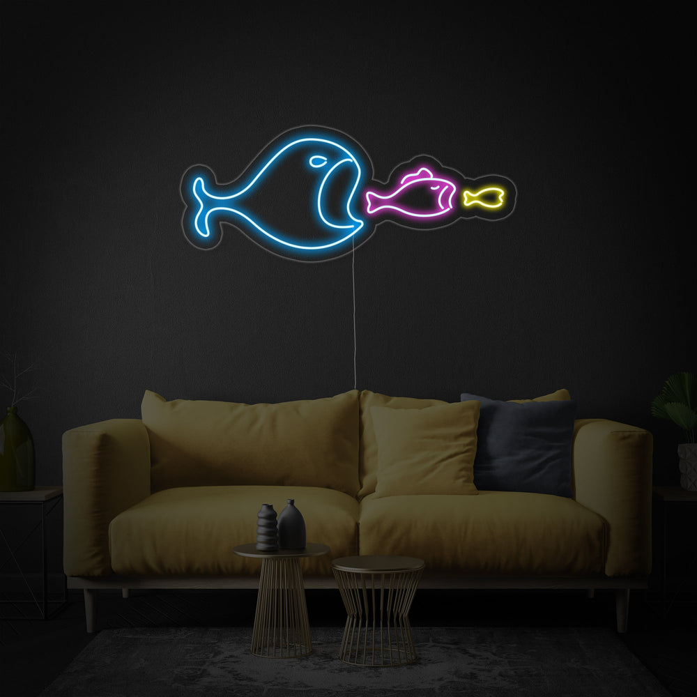 A clean, minimalist rendering of the 'Big Fish Eat Small Fish' neon sign design with its clear acrylic backing, ready for mounting.