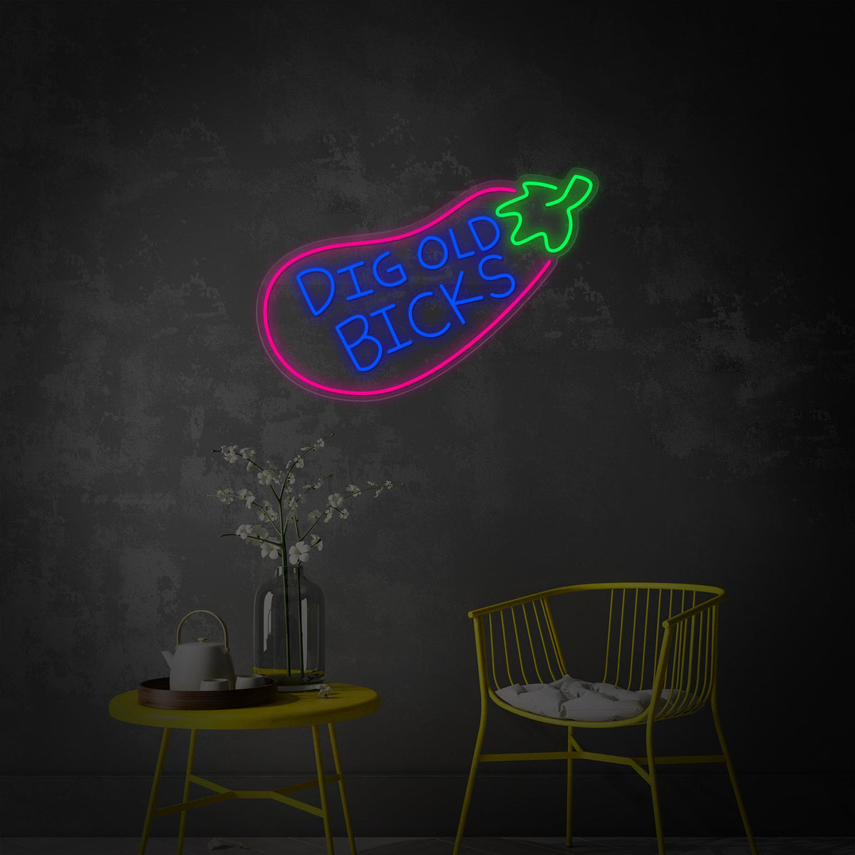 A clean, flat digital graphic design view of the 'Big Old Bicks Eggplant' neon sign, showing the detailed purple eggplant shape and blue text.