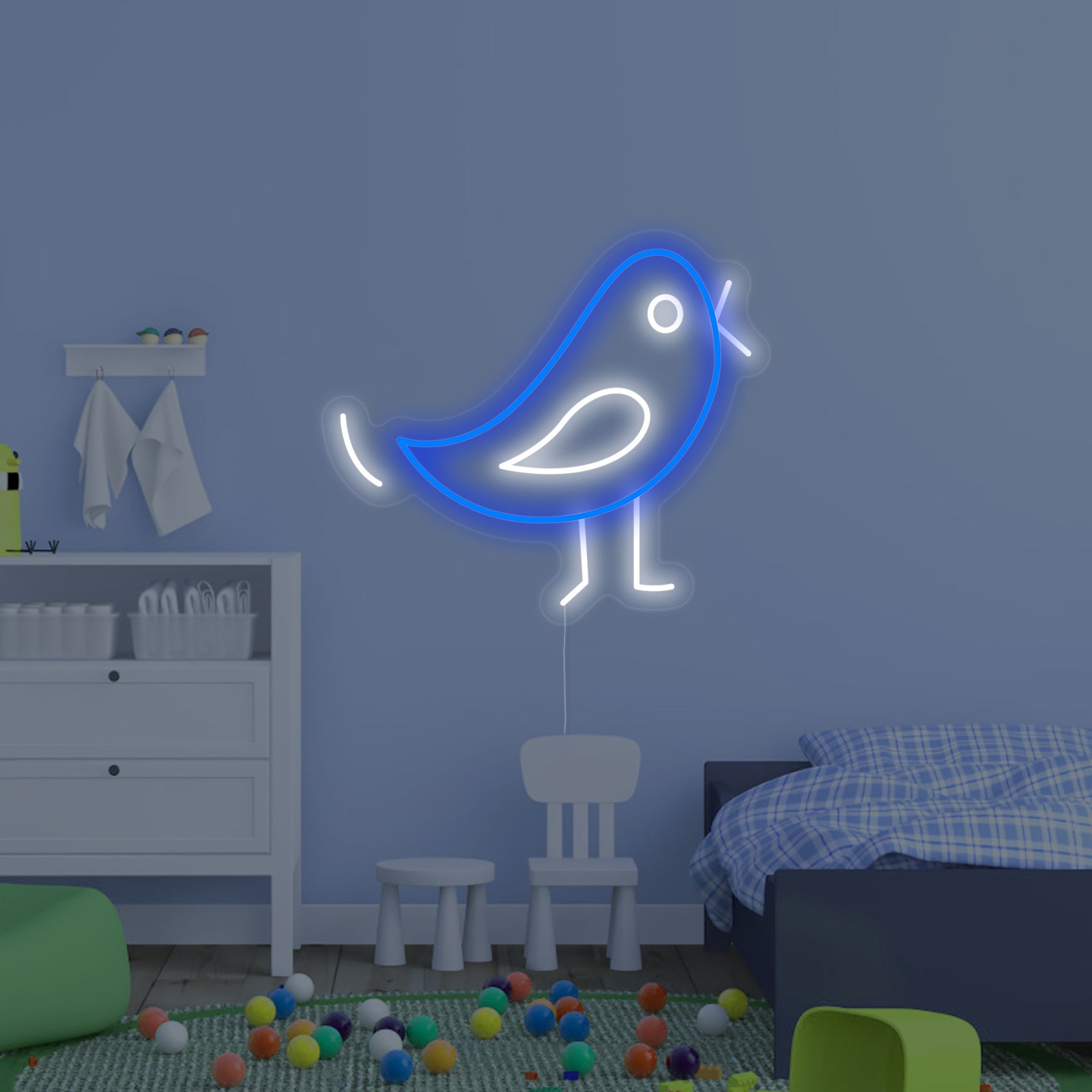 A detailed close-up shot of the white neon tubing forming the bird shape, glowing brightly against a clean white wall.