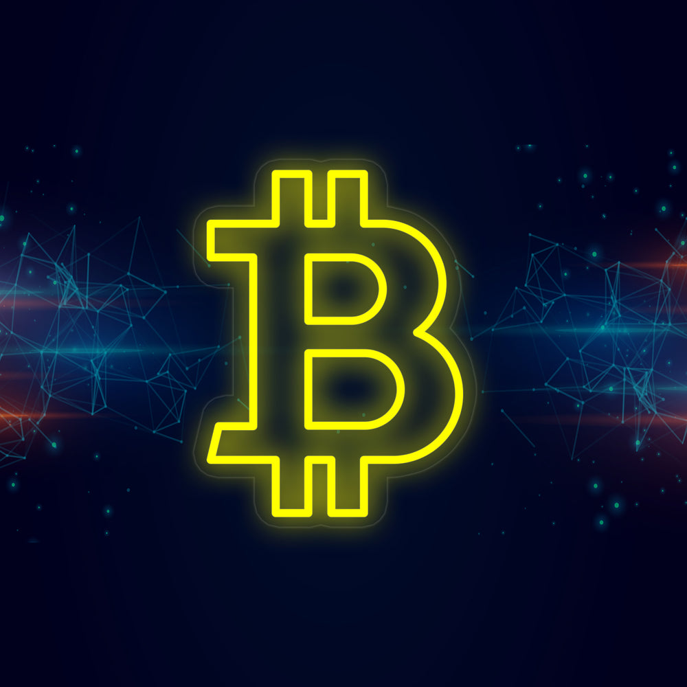 A clean, graphic rendering of a glowing orange Bitcoin 'B' symbol against a dark background with an abstract digital plexus pattern.