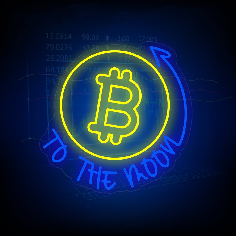 A graphic representation of the 'Bitcoin to the Moon' neon sign design against a dark, trading-themed background, showcasing the typography and integrated rocket and arrow graphic.
