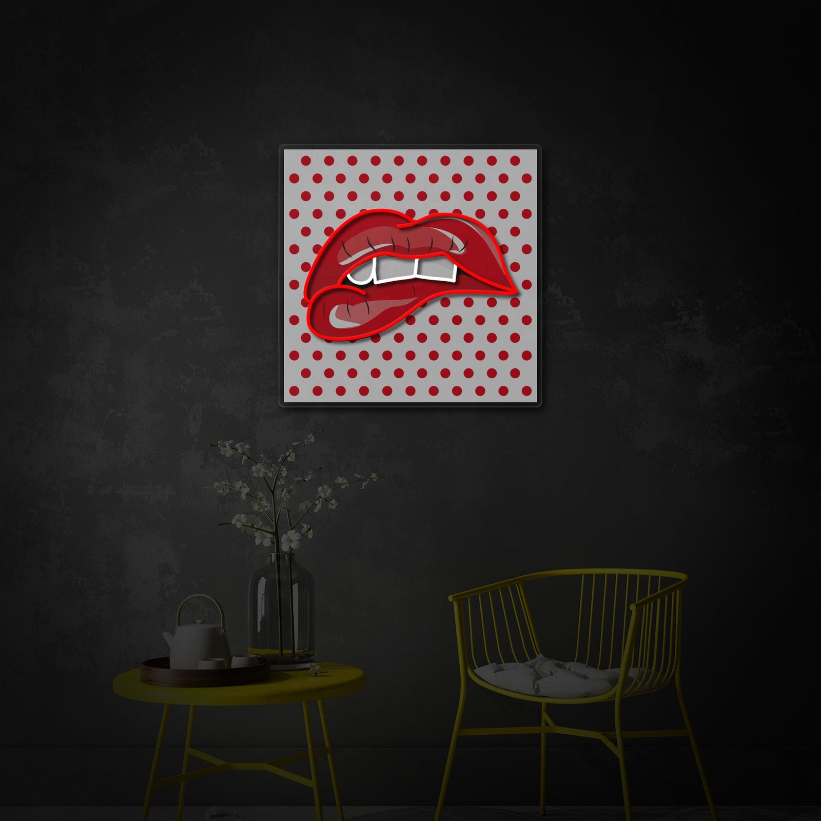 Close-up detail of the Biting Her Red Lips UV printed sign, showing the polka dot panel and glow effect.