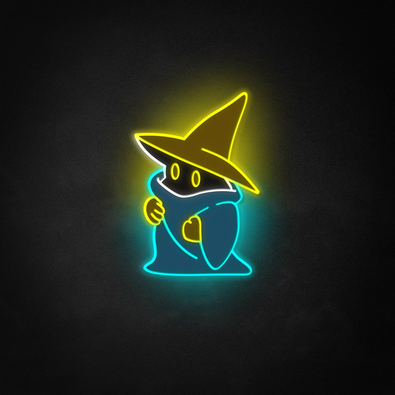 Digital rendering of a classic Black Mage character as a glowing neon sign design.