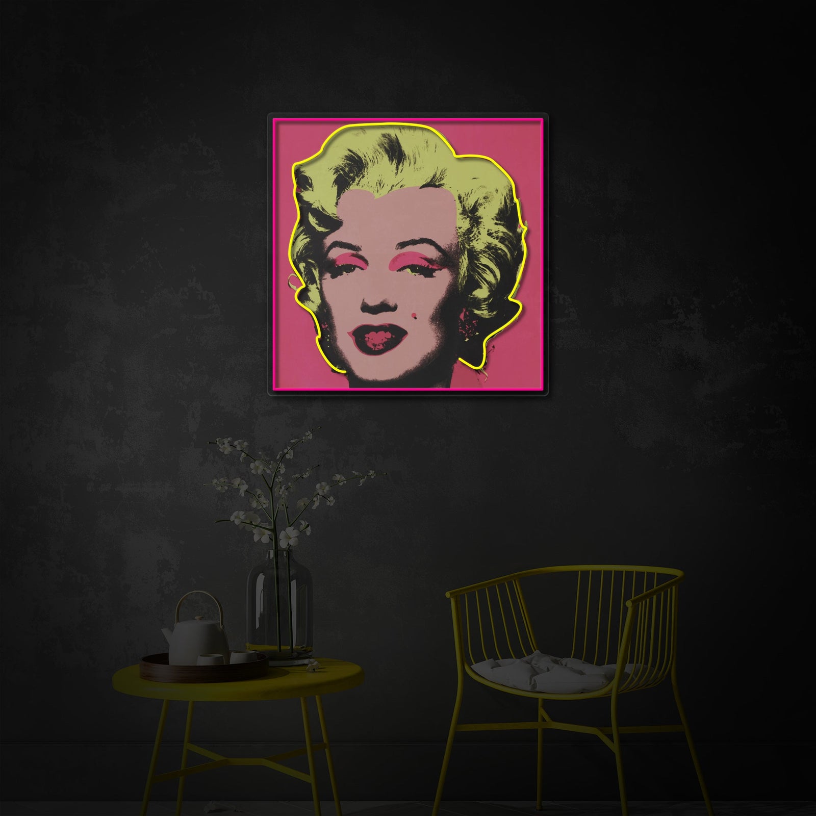 A glowing 'Blonde Hair Woman Pop Art' neon sign mounted on a dark textured wall in a modern living space.