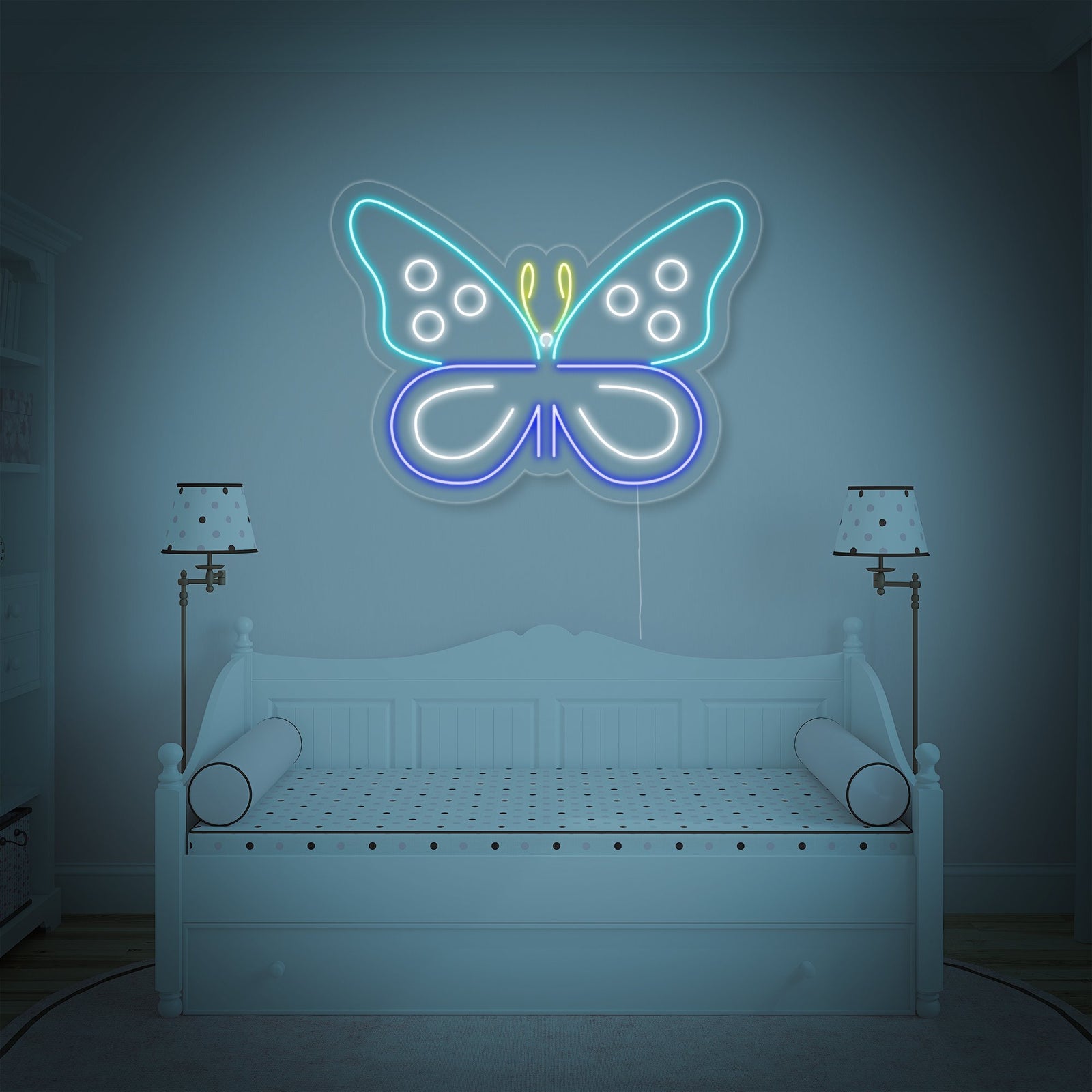 Close-up view of the glowing blue butterfly neon sign showing its detailed design.