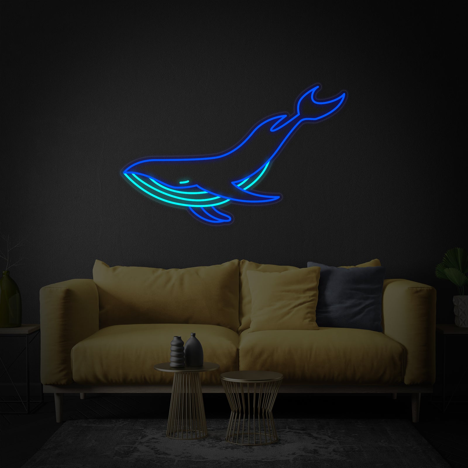 A detailed depiction of a blue whale neon sign graphic with glowing blue lines.