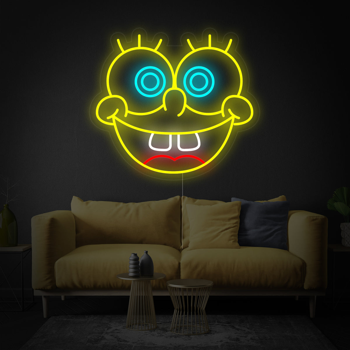 The Bob Cartoon character neon sign graphic, showing yellow outlines and blue pants.