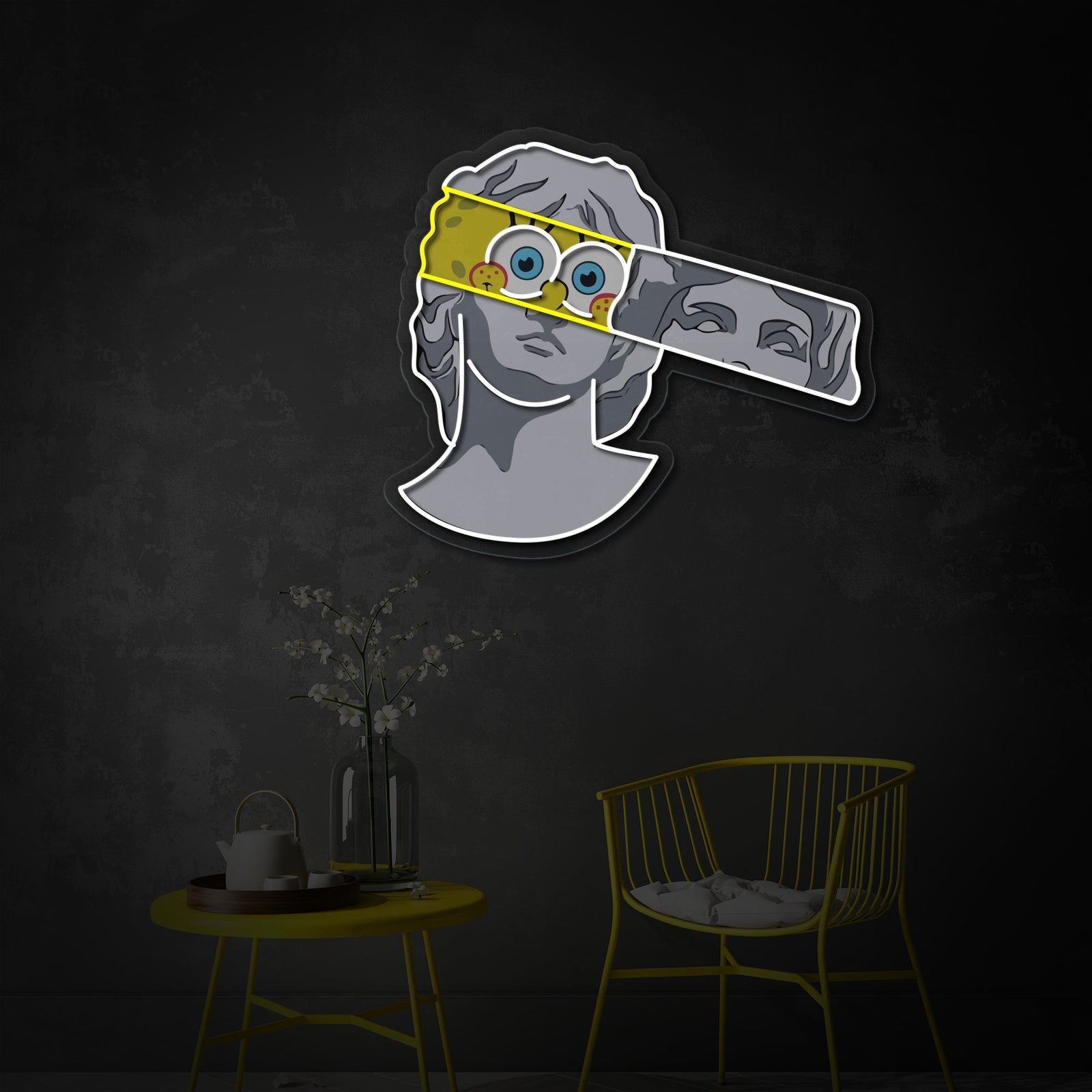 Close-up illustration style design of the Bob Greek Statue with inner glow and neon tubing outlines