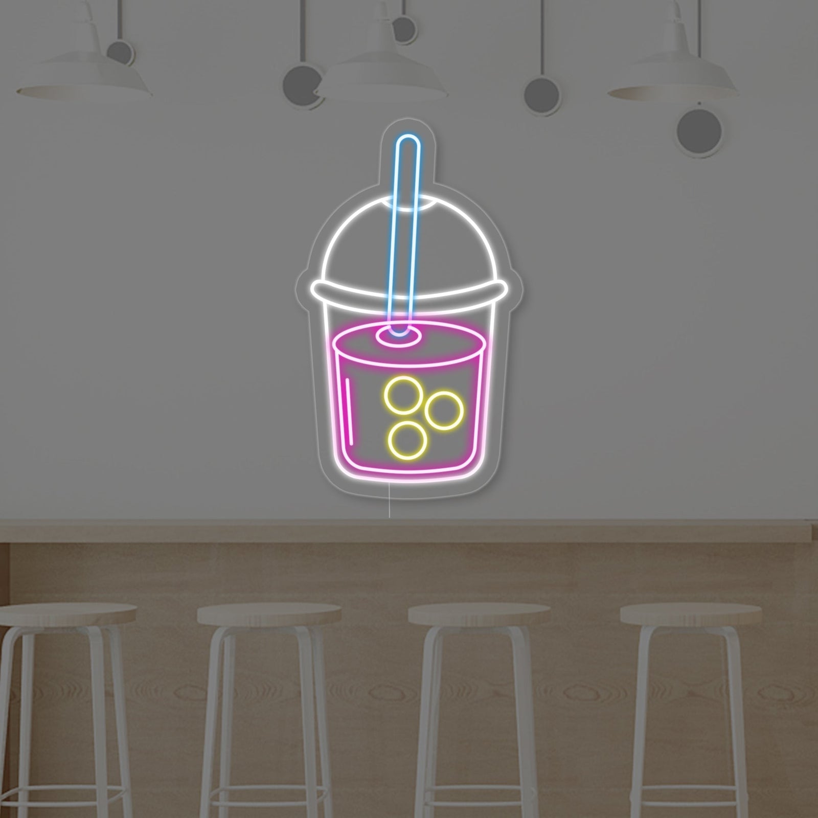 A closer look at the intricate details and vibrant, glowing light of the 'Boba Tea Cup' neon sign, emphasizing its fun, playful design.