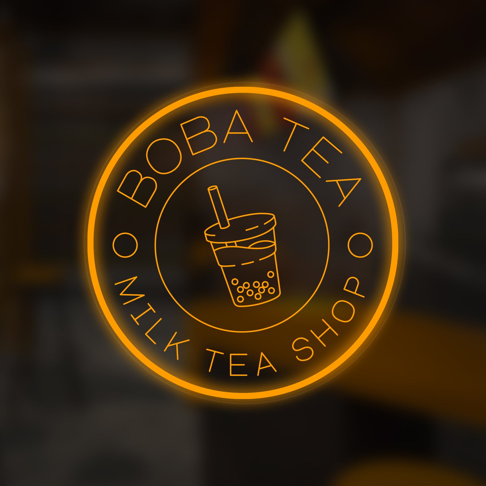 A glowing graphic rendering of the 'Boba Tea Milk Tea Shop' mini neon sign on a blurred background, showing the bubble tea design and text.