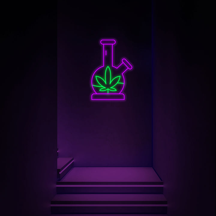 A clean, detailed digital rendering of a glowing blue cannabis bong neon sign. The bright blue light accurately traces the shape of a classic bong.