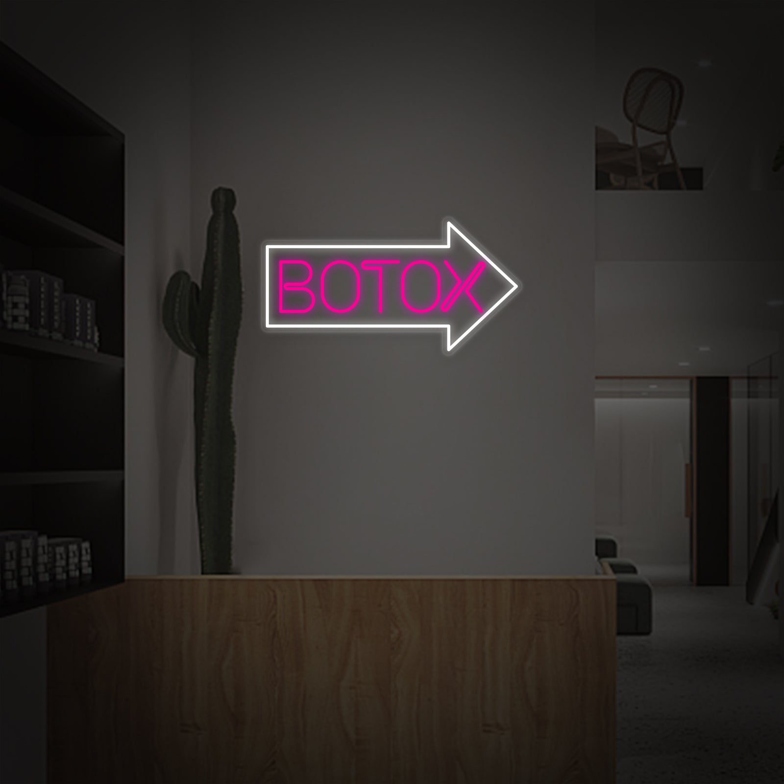 The glowing design graphic of the 'Botox Beauty Salon' neon sign, set against a dark background in an interior space.