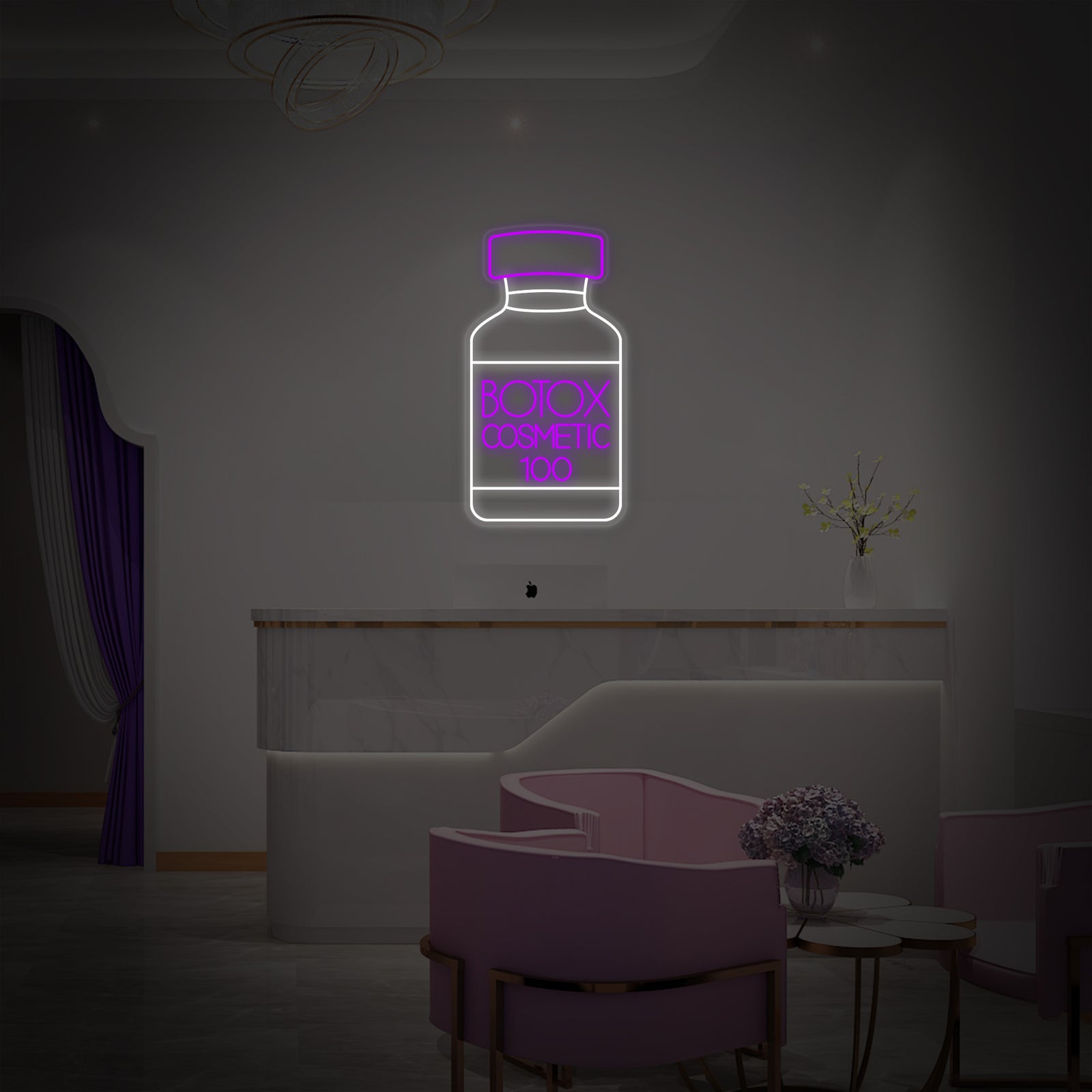High-quality photograph of a modern reception area featuring the 'Botox Cosmetic Shop Skin Care Center' neon sign mounted prominently on the wall.