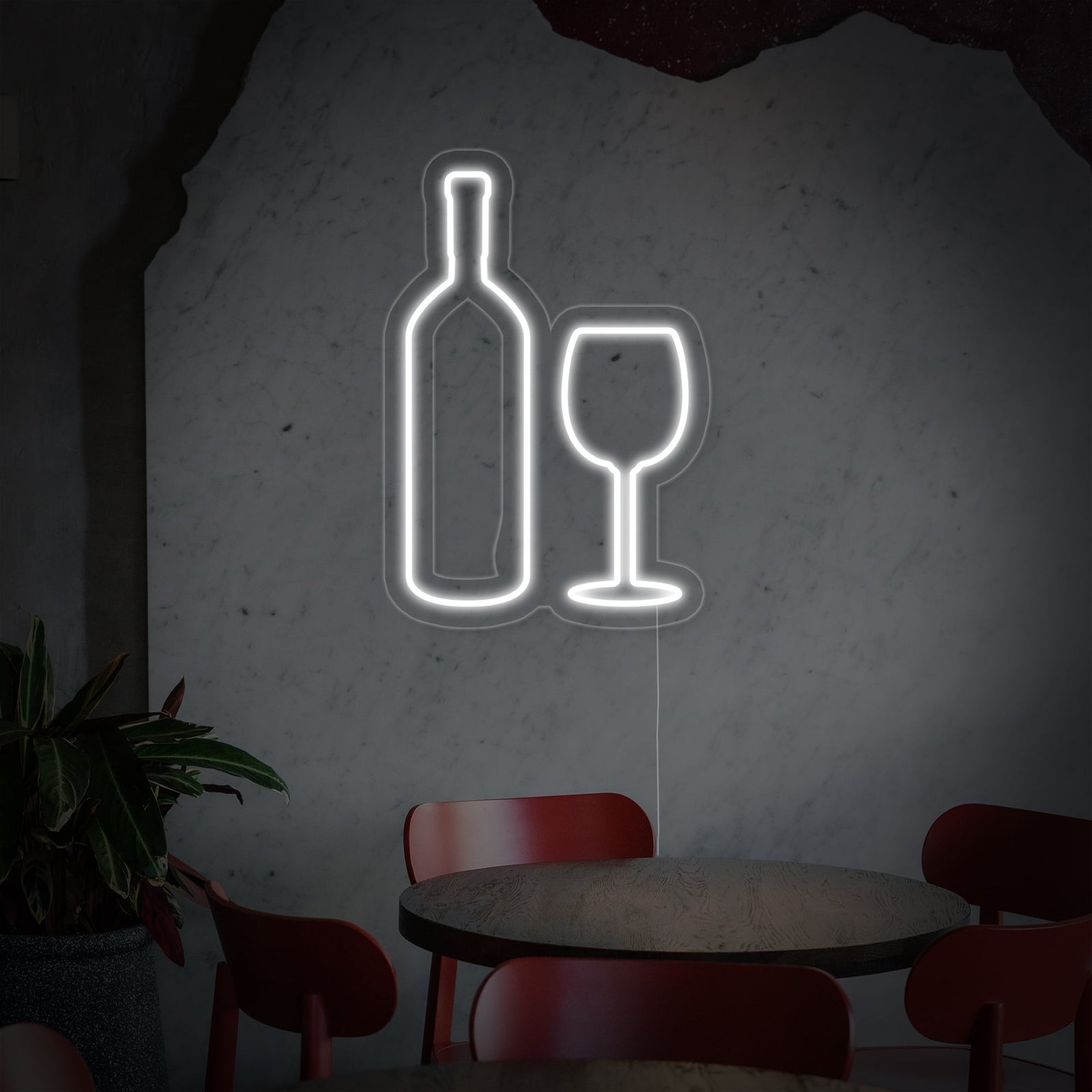 The Bottle of Wine and neon sign unlit, showing the detailed tubing structure on a clear backing plate.