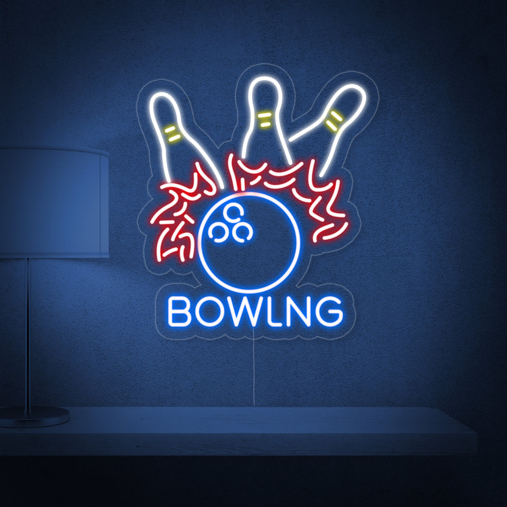 Minimalist Bowling Ball neon sign design with the text 'BOWLNG' in blue and green, displayed on an empty brick wall.