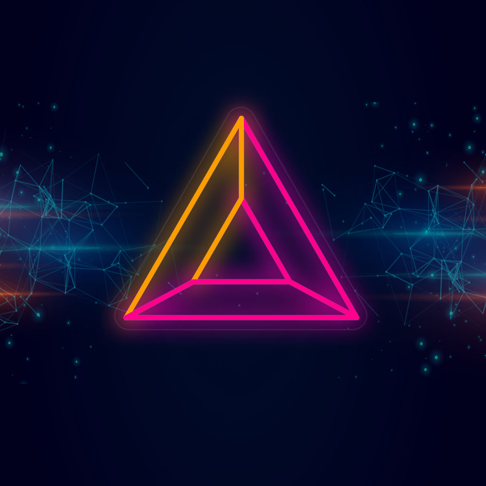 Graphic representation of the 'Brave Coin' neon sign, featuring a stylized pyramid with a bold blue outline and luminous accents.