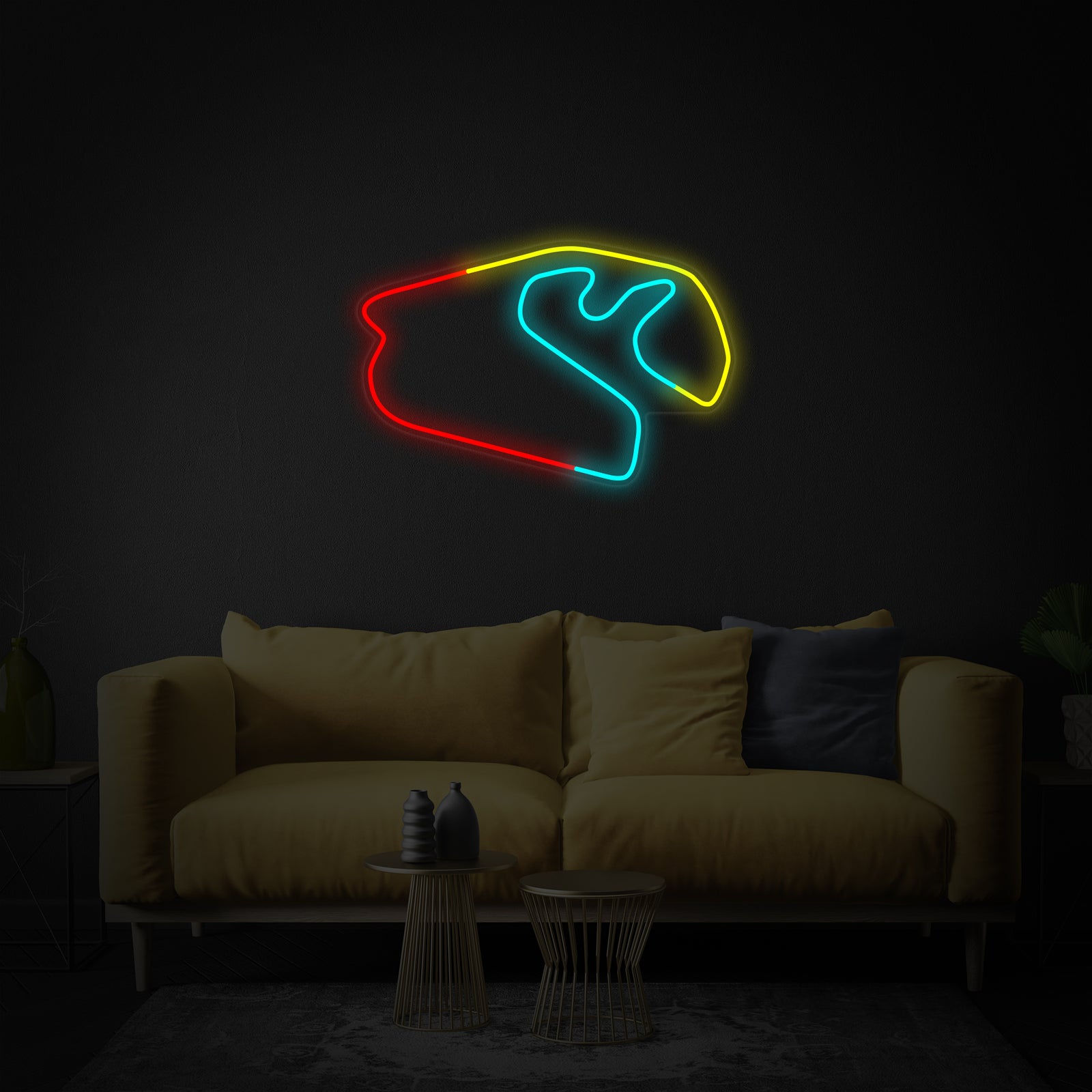 Close-up of the Brazilian F1 Race neon sign design on a blue wall, showing the detailed tubing.