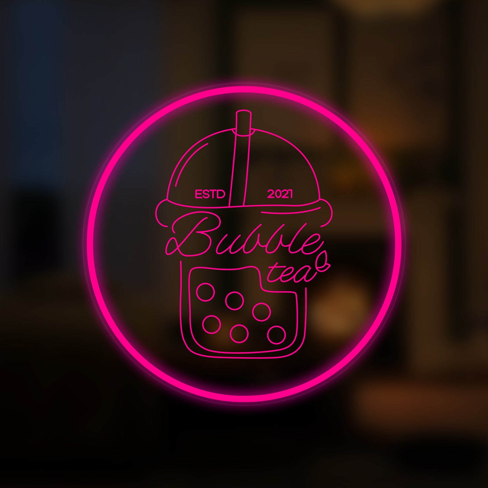Stylized pink outline design of a bubble tea cup neon sign