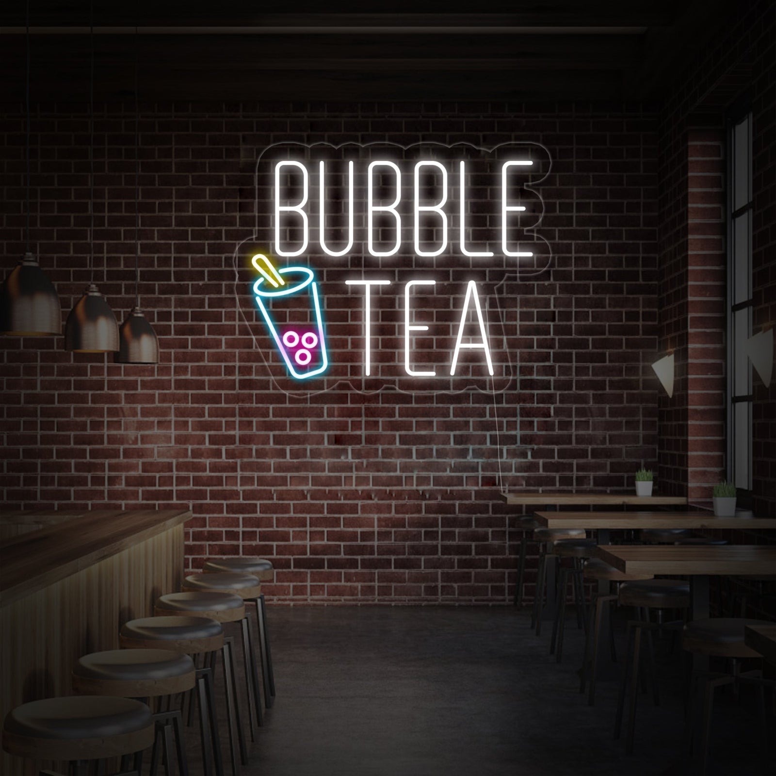 Close-up of the bright, detailed 'Bubble Tea' or 'Boba' neon wall sign, featuring a stylized cup with tapioca pearls and a large straw, glowing on an acrylic backing.