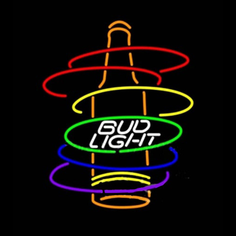 Flat graphic design of a Bud Light Rainbow neon sign against a solid black background.