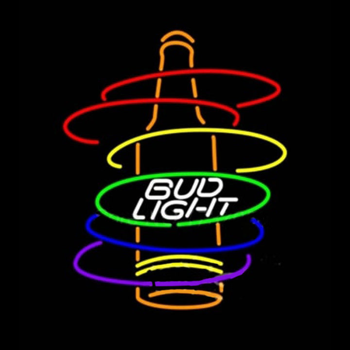 Flat graphic design of a Bud Light Rainbow neon sign against a solid black background.