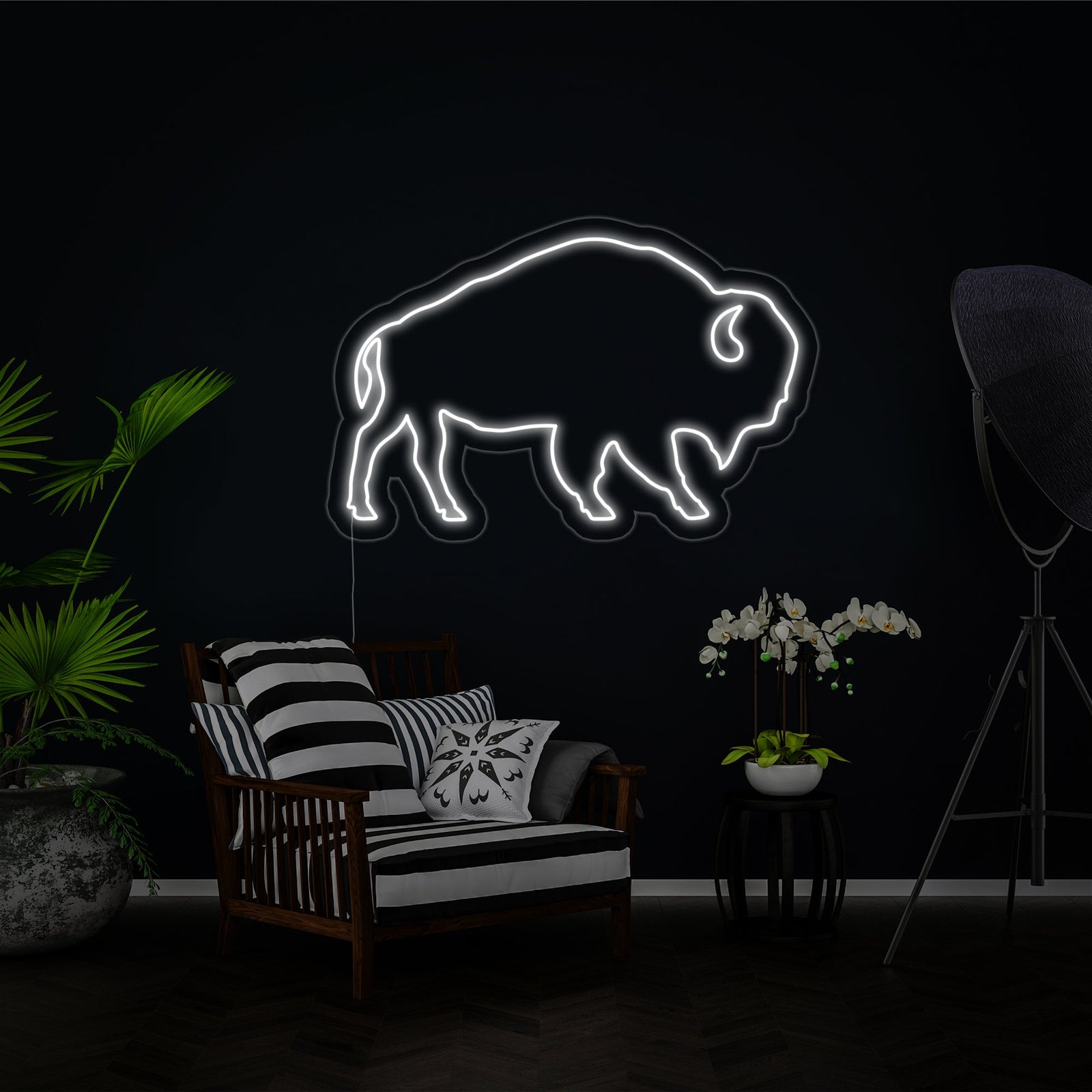 A straightforward product view of the Buffalo neon sign, clearly showing the red glowing tubes that form the animal silhouette, mounted on a transparent acrylic backing with a black electrical wire.