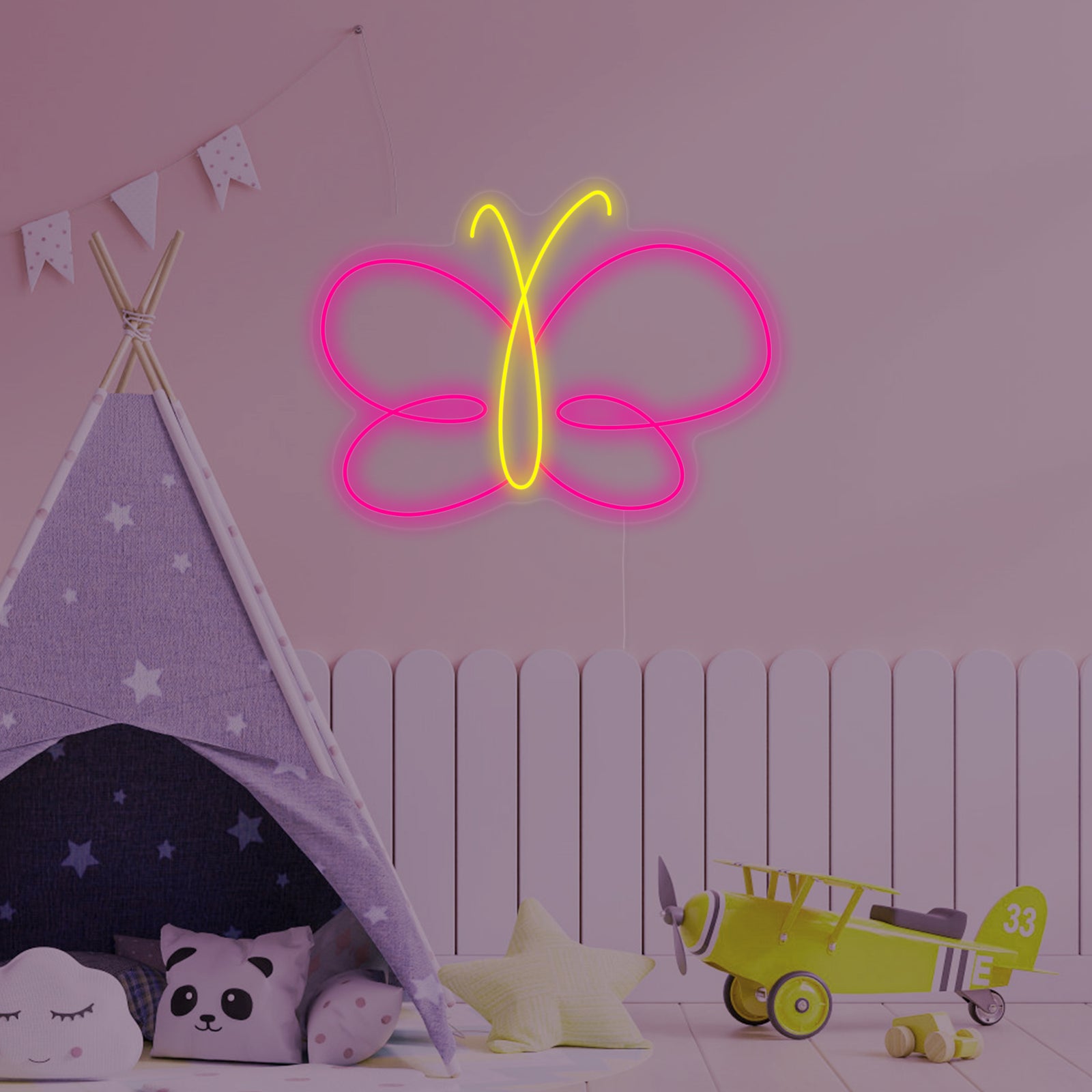 A detailed graphic illustration of a pink Butterfly neon sign, showcasing its delicate glowing tube work against a neutral wall.