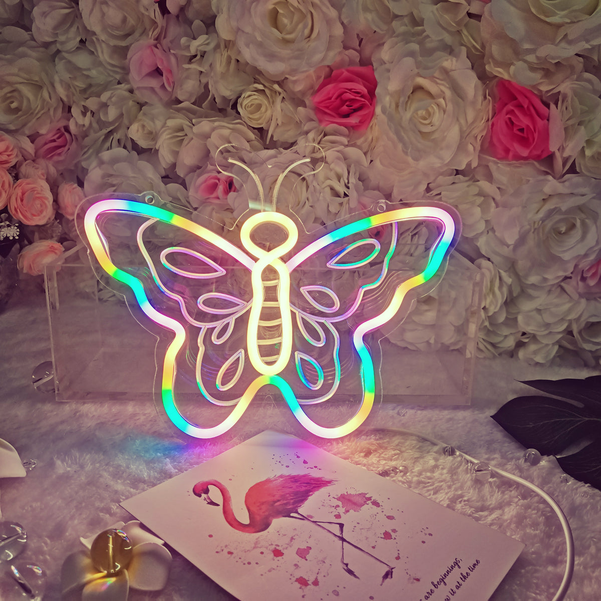 A small, glowing blue butterfly neon sign on an acrylic backing, mounted above a small plant on a shelf.