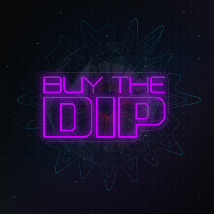 A glowing 'Buy the Dip' neon sign graphic in bright blue script with an integrated upward arrow, against a dark, subtle digital pattern background.