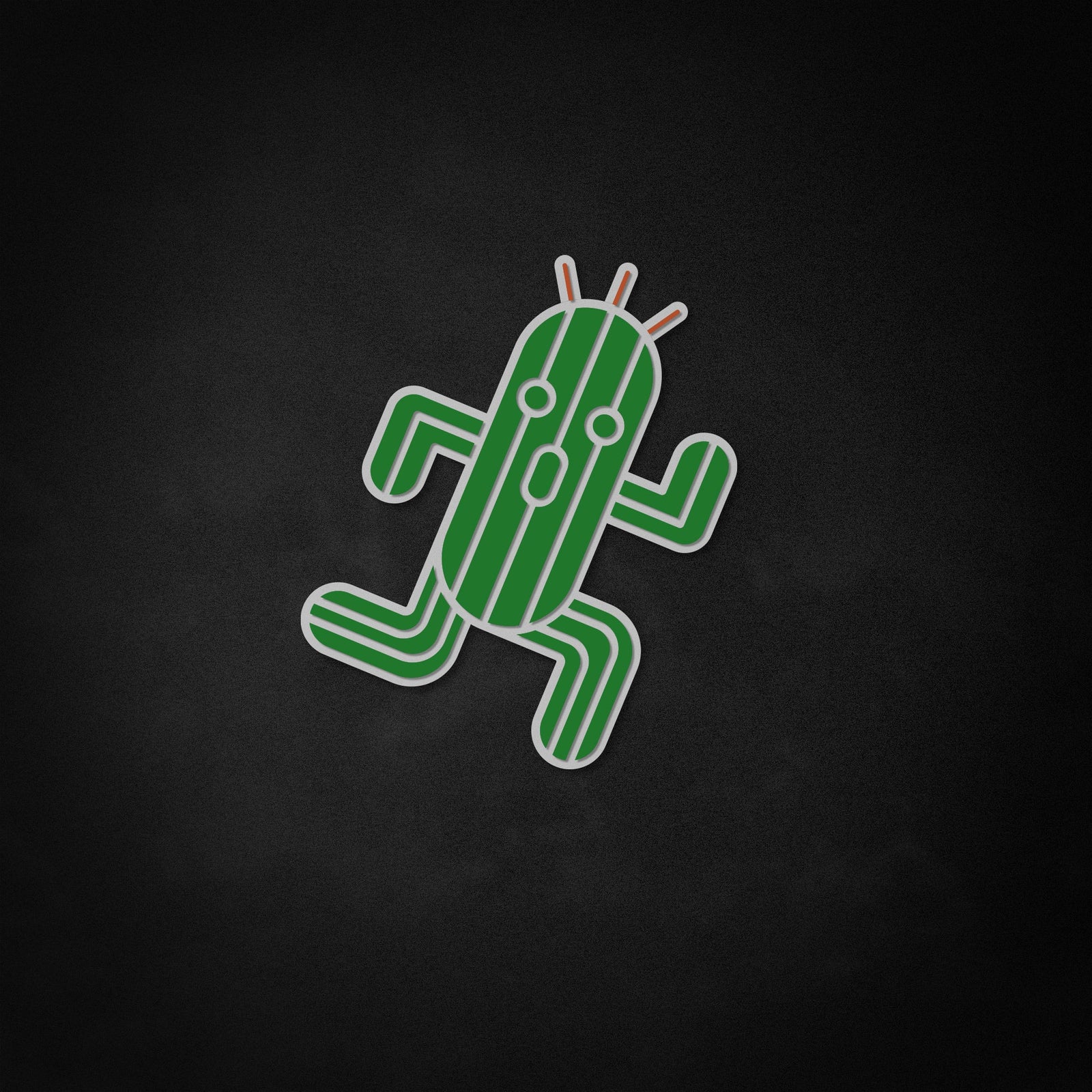 A graphic design of a Cactuar character depicted as a vibrant green neon light.