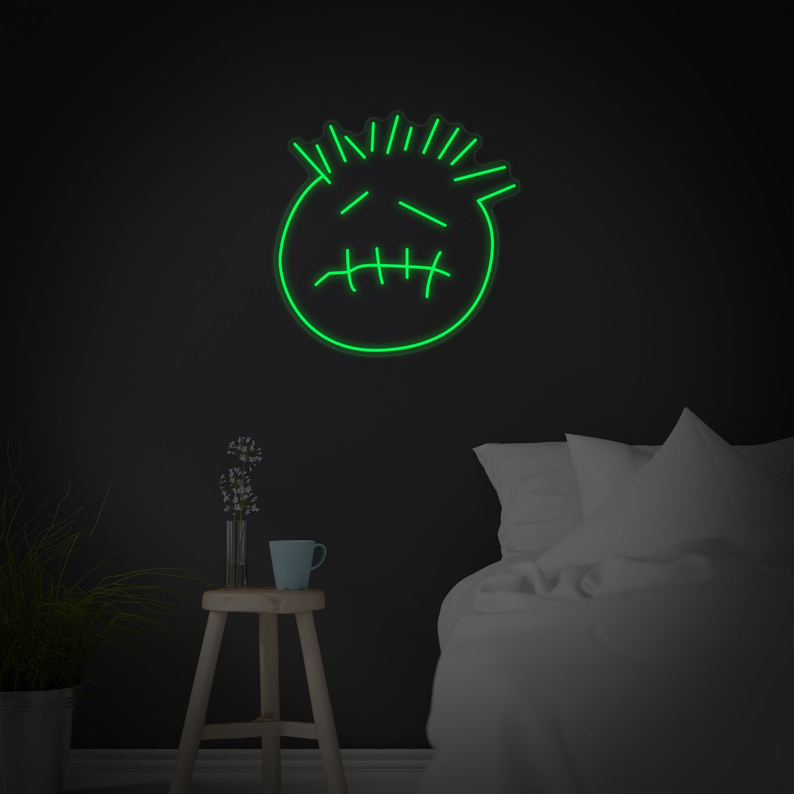 A graphic representation of the 'Cactus Jack Face' neon sign, featuring a frowning face with X's for eyes and messy hair.