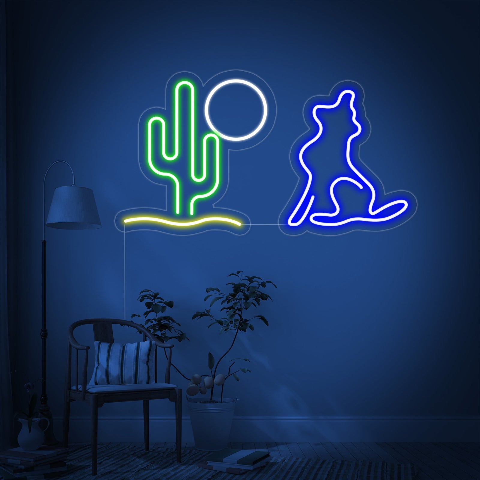 Closer view of the intricate details of the 'Cactus Moon Wolf' neon wall decor, showcasing the blue wolf and orange desert elements on a clear backing.