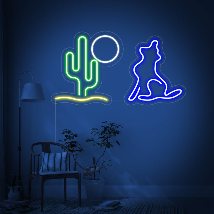 Closer view of the intricate details of the 'Cactus Moon Wolf' neon wall decor, showcasing the blue wolf and orange desert elements on a clear backing.