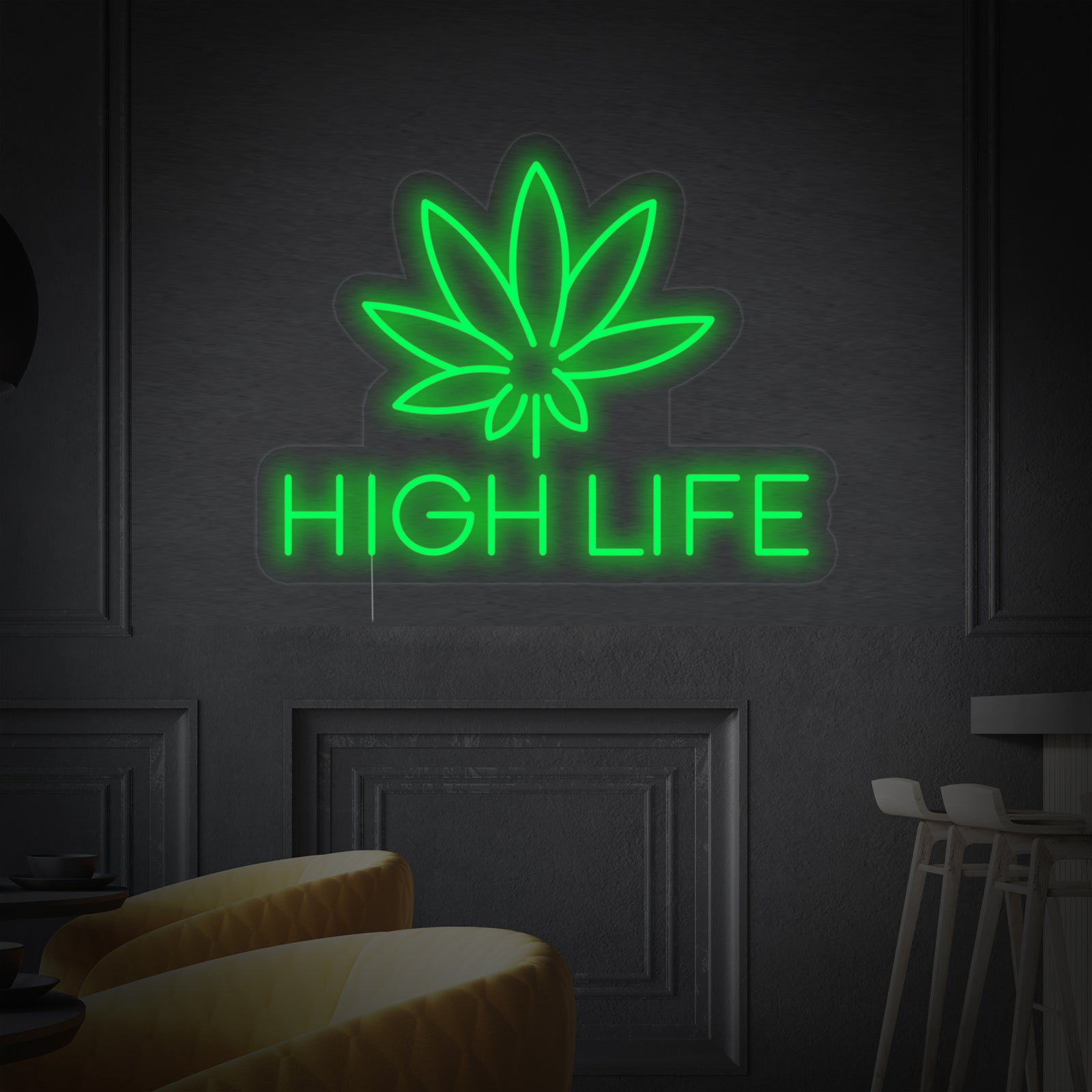 Weed High Life neon sign glowing in red, featuring a cartoon marijuana leaf with a joint and text below it, mounted above a leather sofa in a modern room.