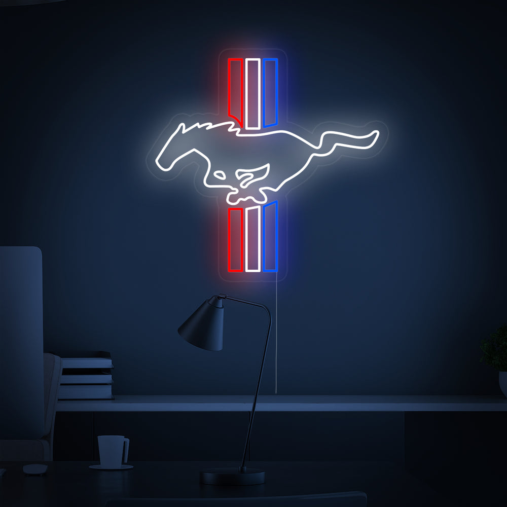 A clean graphic representation of the 'Car Logo Horse' neon sign design against a dark blue gradient background, showing an icy-blue galloping horse within a bold red rectangular border.