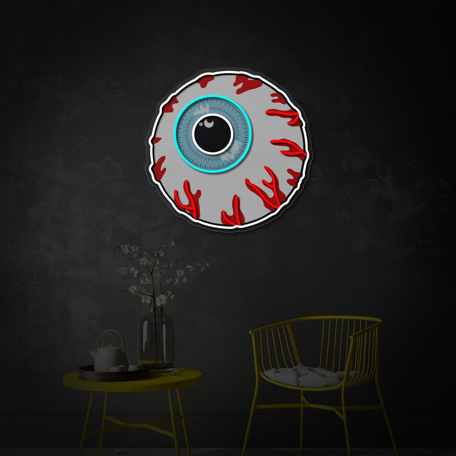 A close-up view of the Cartoon Eye Eyeball Zombie Bomb UV print neon sign, showcasing the detailed graphic of the eye with red veins and green iris. The neon tube outlining the bomb shape is glowing brightly.