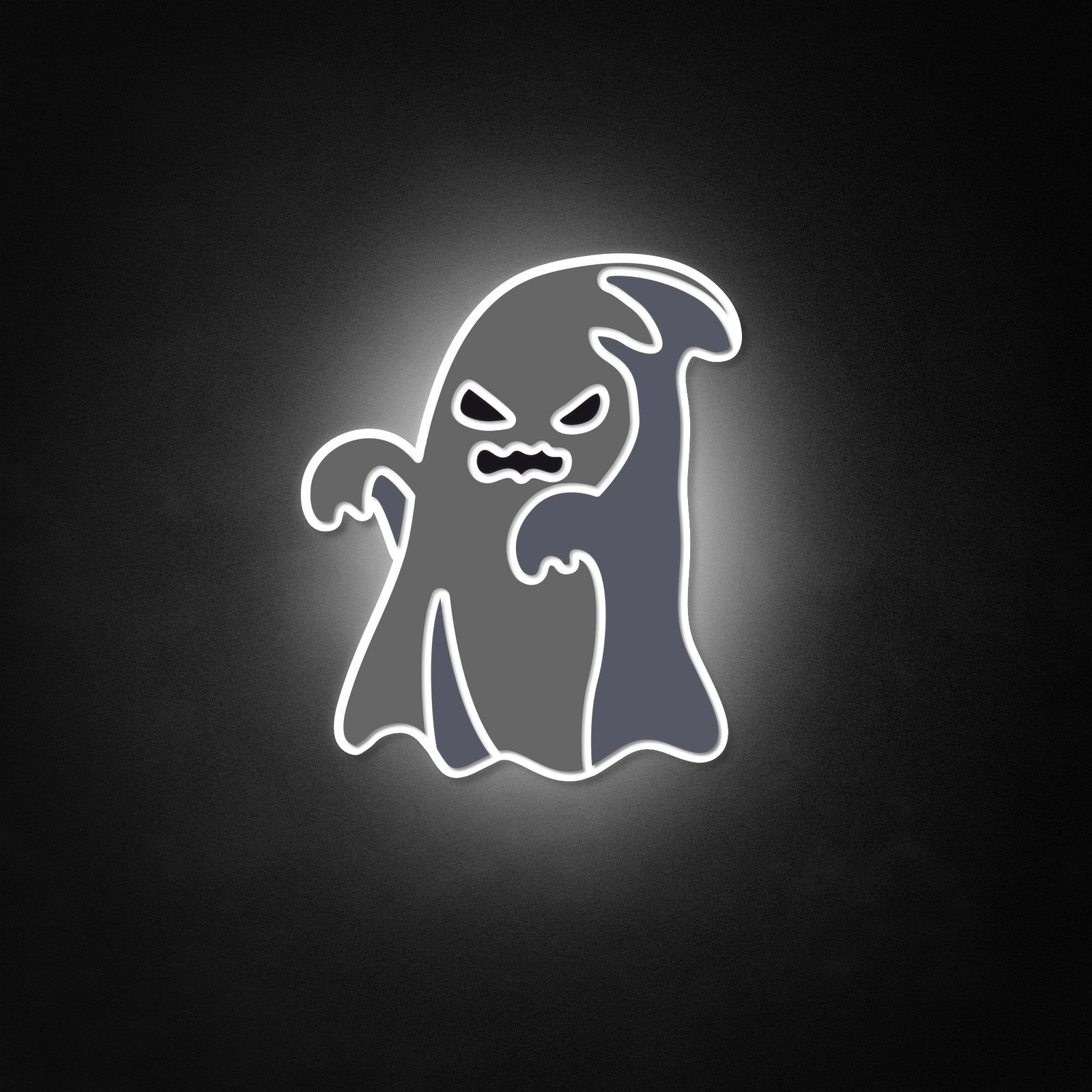 Cartoon Ghost In White Robe Neon Like Sign glowing brightly on a textured wall.