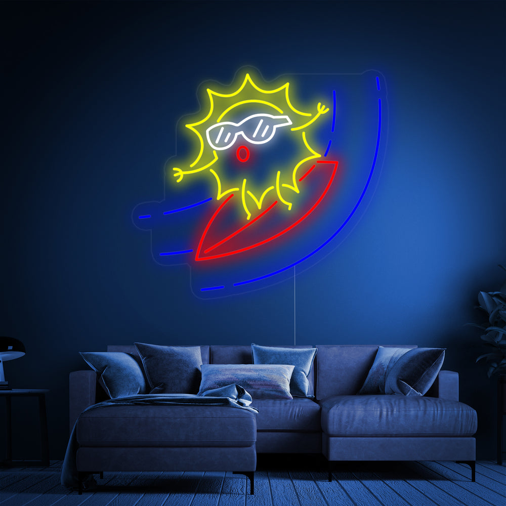 Close-up of a Cartoon Sun on Surfboard neon sign glowing in a dimly lit room