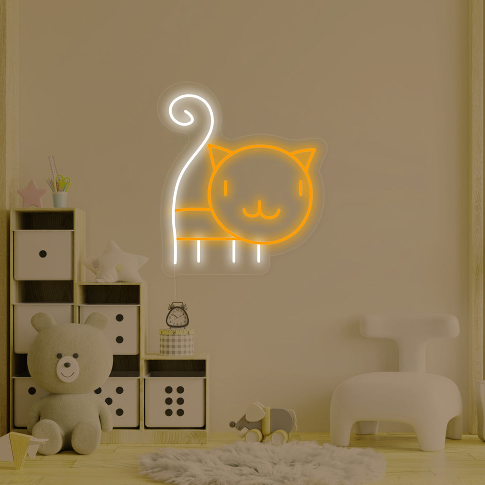 Close-up detail of the cat kitty neon sign, highlighting the precise pink neon tubing and clear acrylic mounting backboard.