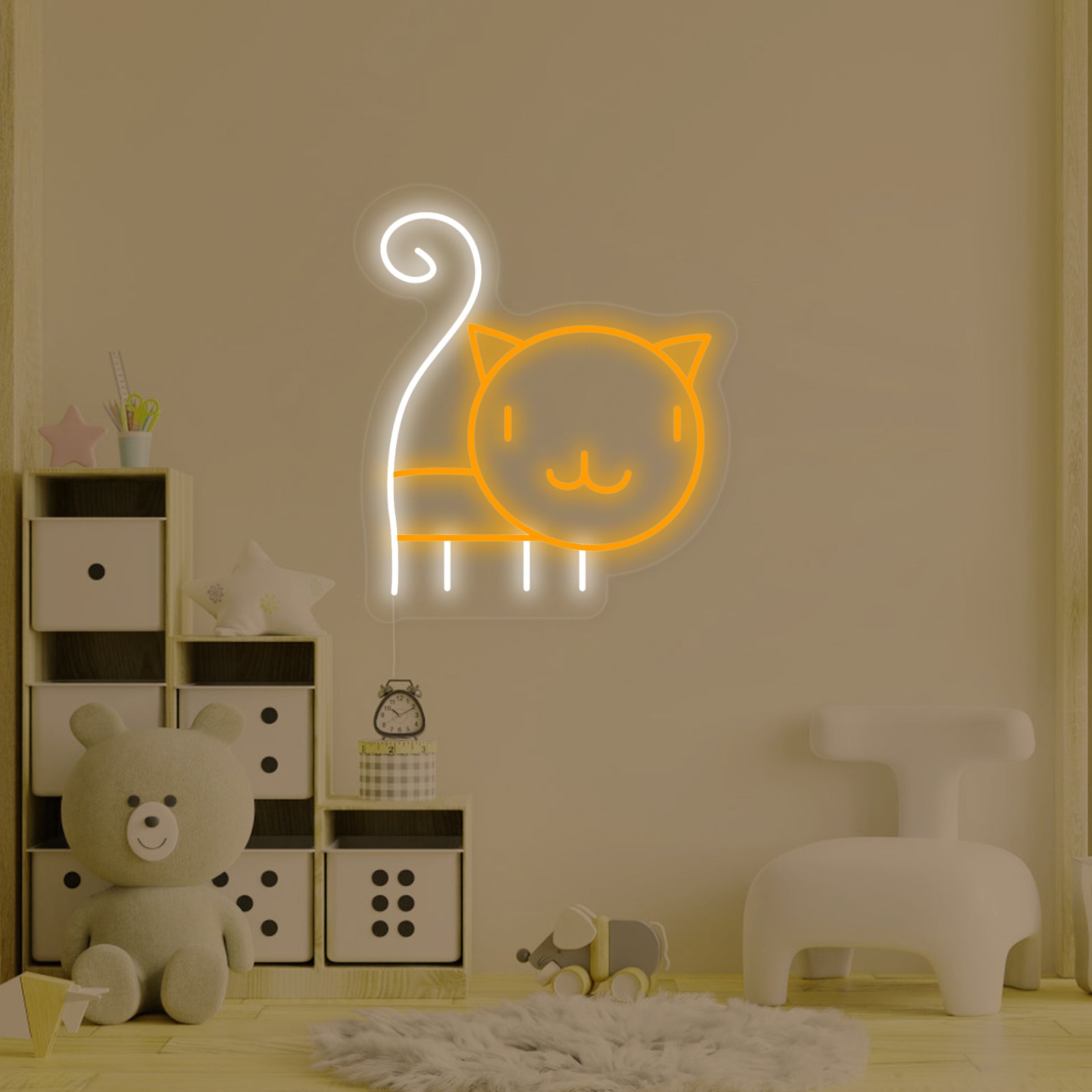 Close-up detail of the cat kitty neon sign, highlighting the precise pink neon tubing and clear acrylic mounting backboard.