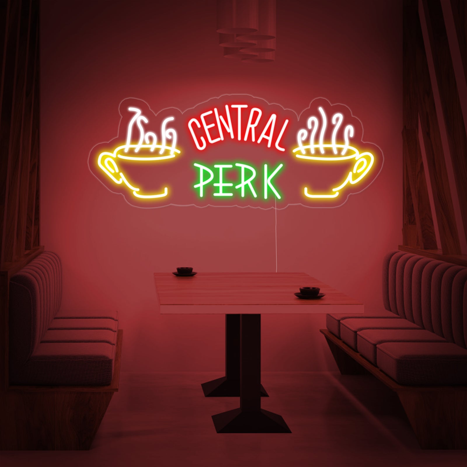 A product mockup of the 'Central Perk' neon sign showcasing its physical construction with realistic tubing, a clear acrylic backer, and an attached power cord.