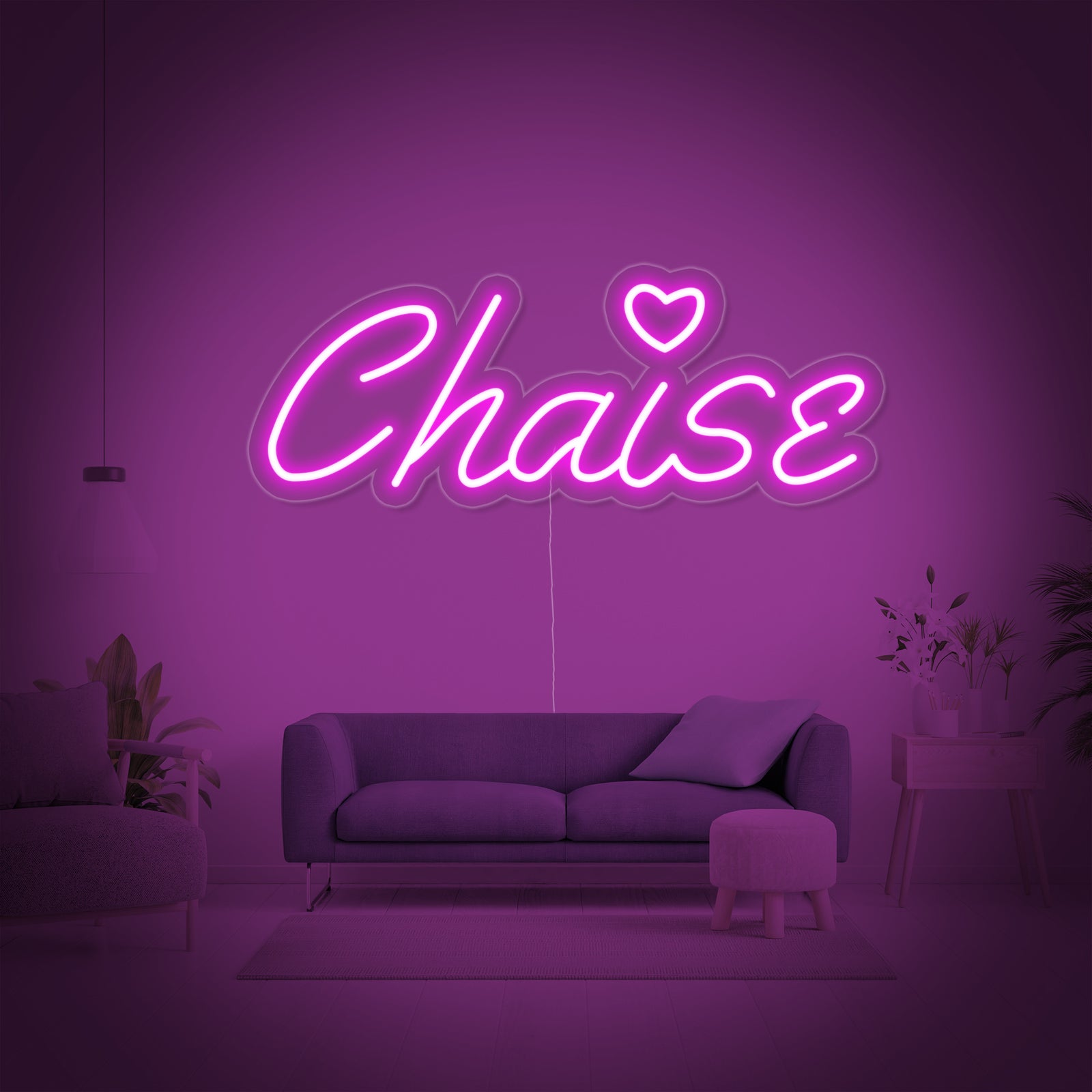 'Chaise' neon sign design with tube details on clear backing