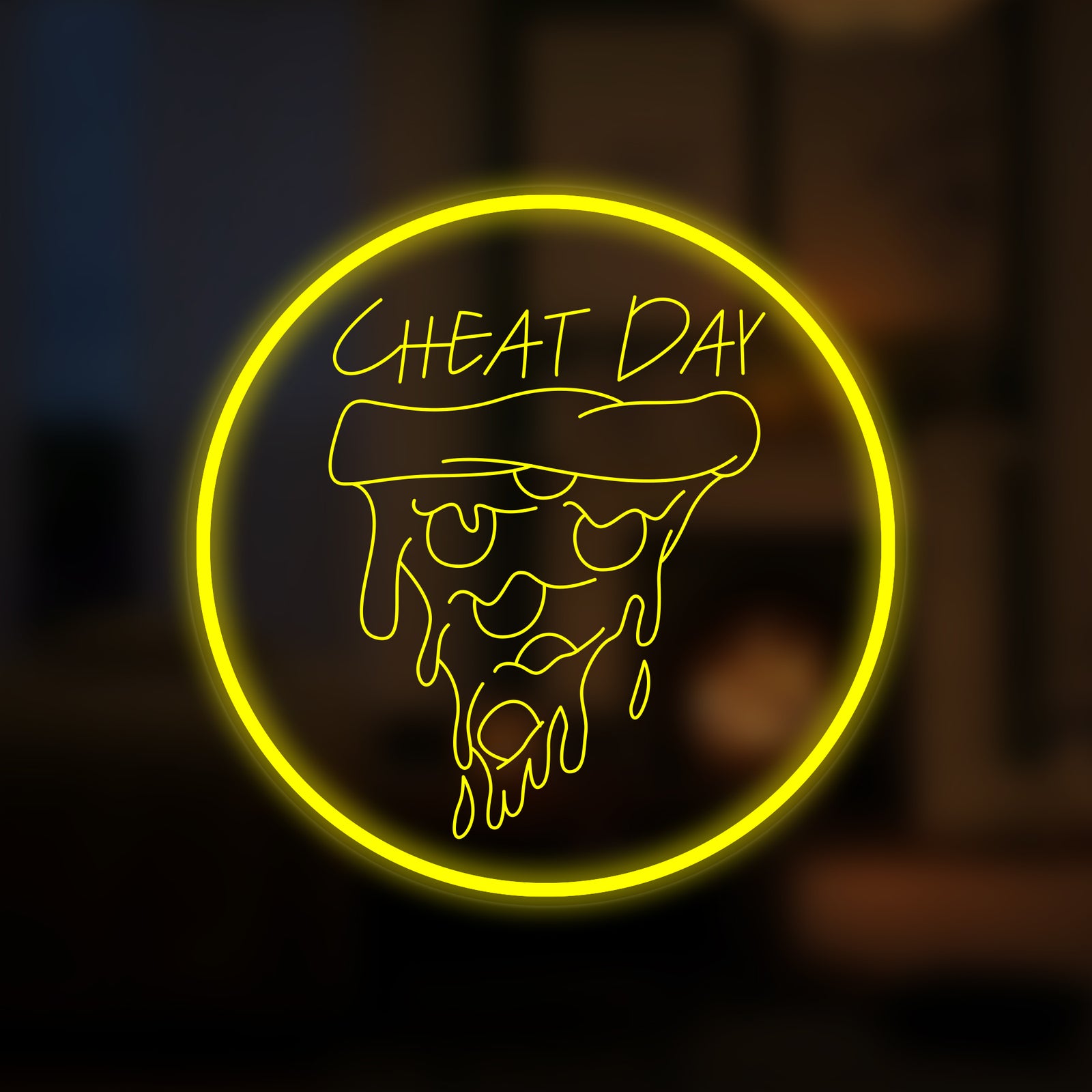 A glowing 'Cheat Day Eat Day Pizza' neon sign featuring a bright pizza slice graphic and motivational text, displayed as wall decor.