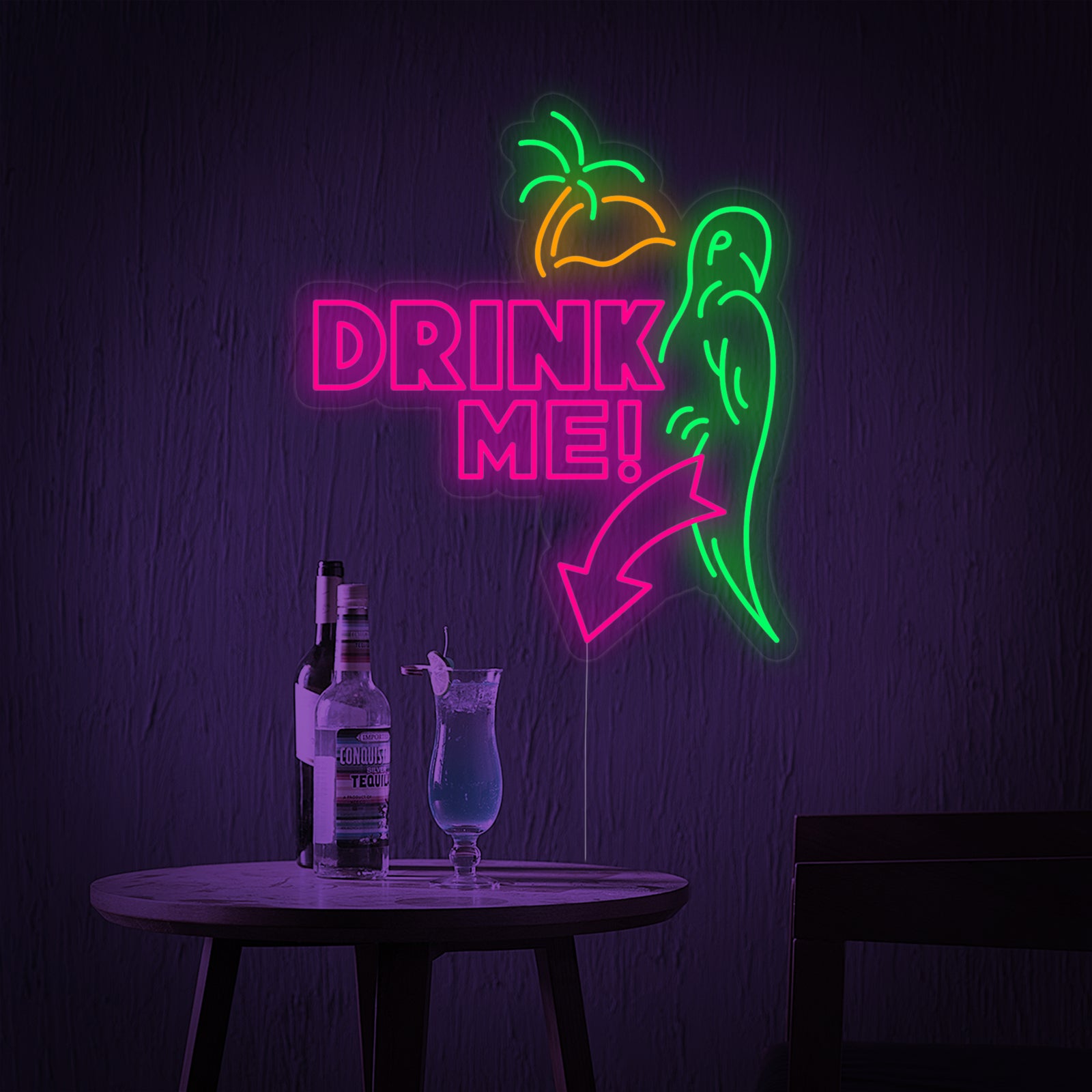 A close-up view of the 'Drink Me Bar' neon sign and its clear mounting backing, highlighting the parrot design and blue 'BAR' text.