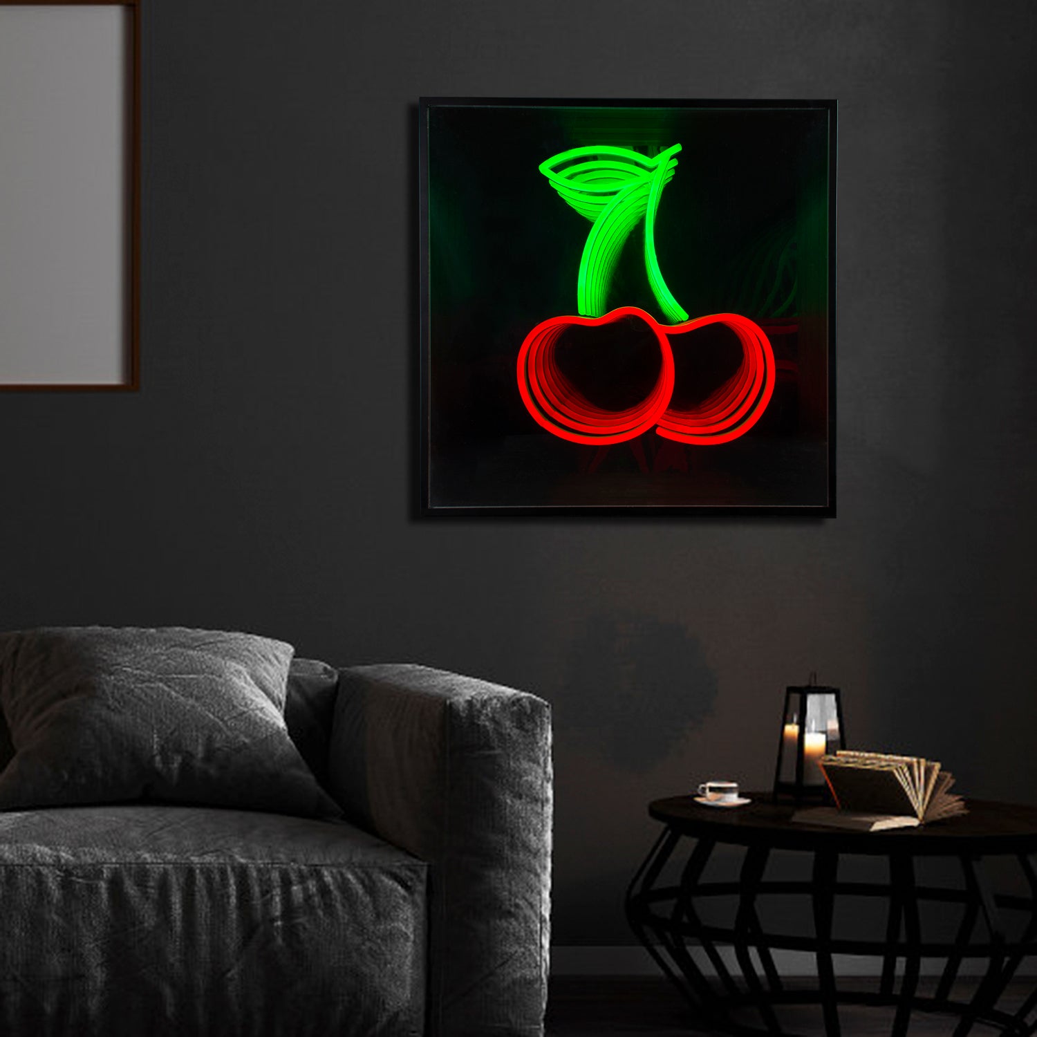 A stylized illustrative graphic of the Cherry Infinity Neon Sign design, displayed in a mock room setting with flawless furniture and plants.
