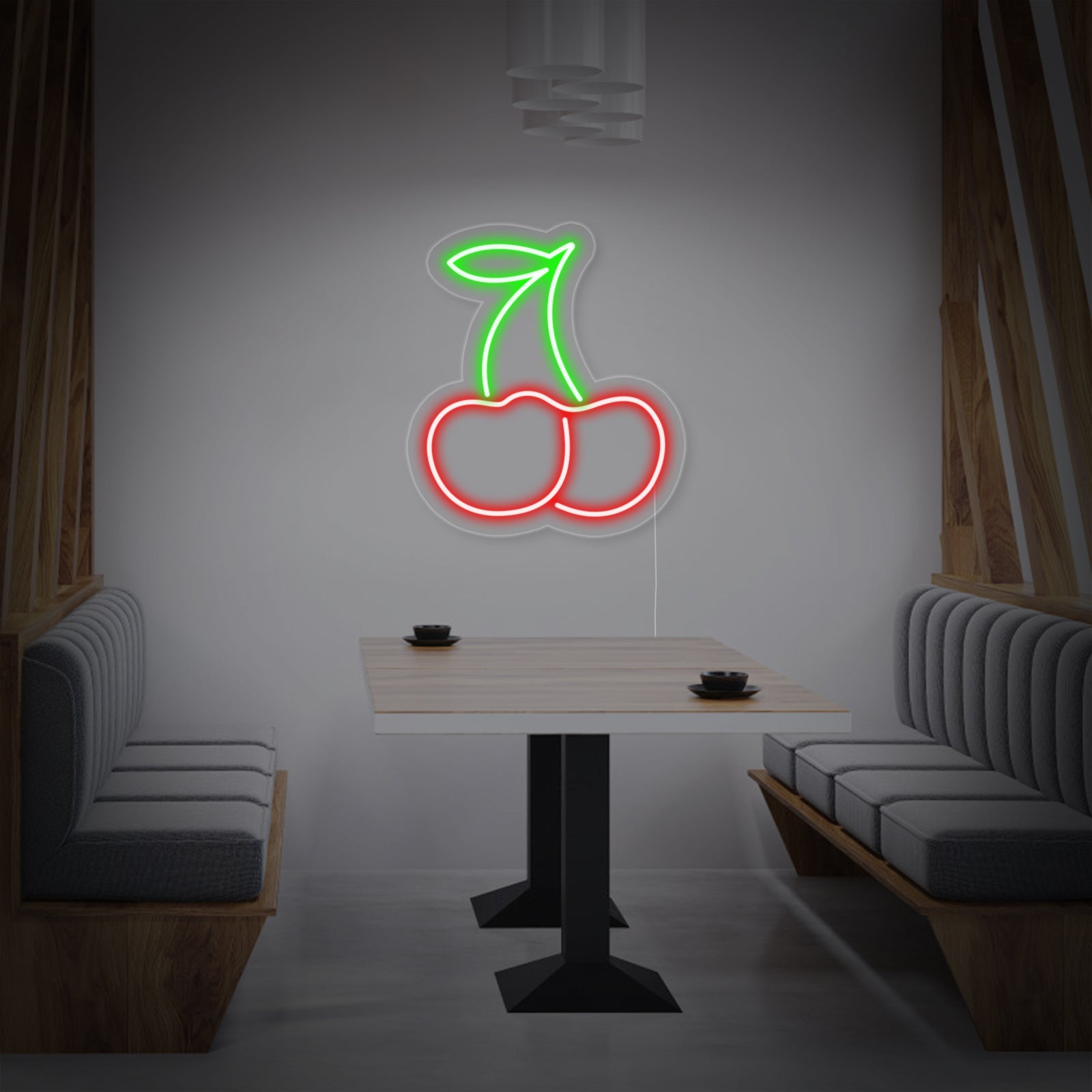 A clean visualization of the 'Cherry' neon sign design, glowing red and green, mounted on an acrylic backing against a soft grey background, showing realistic tube lighting details.