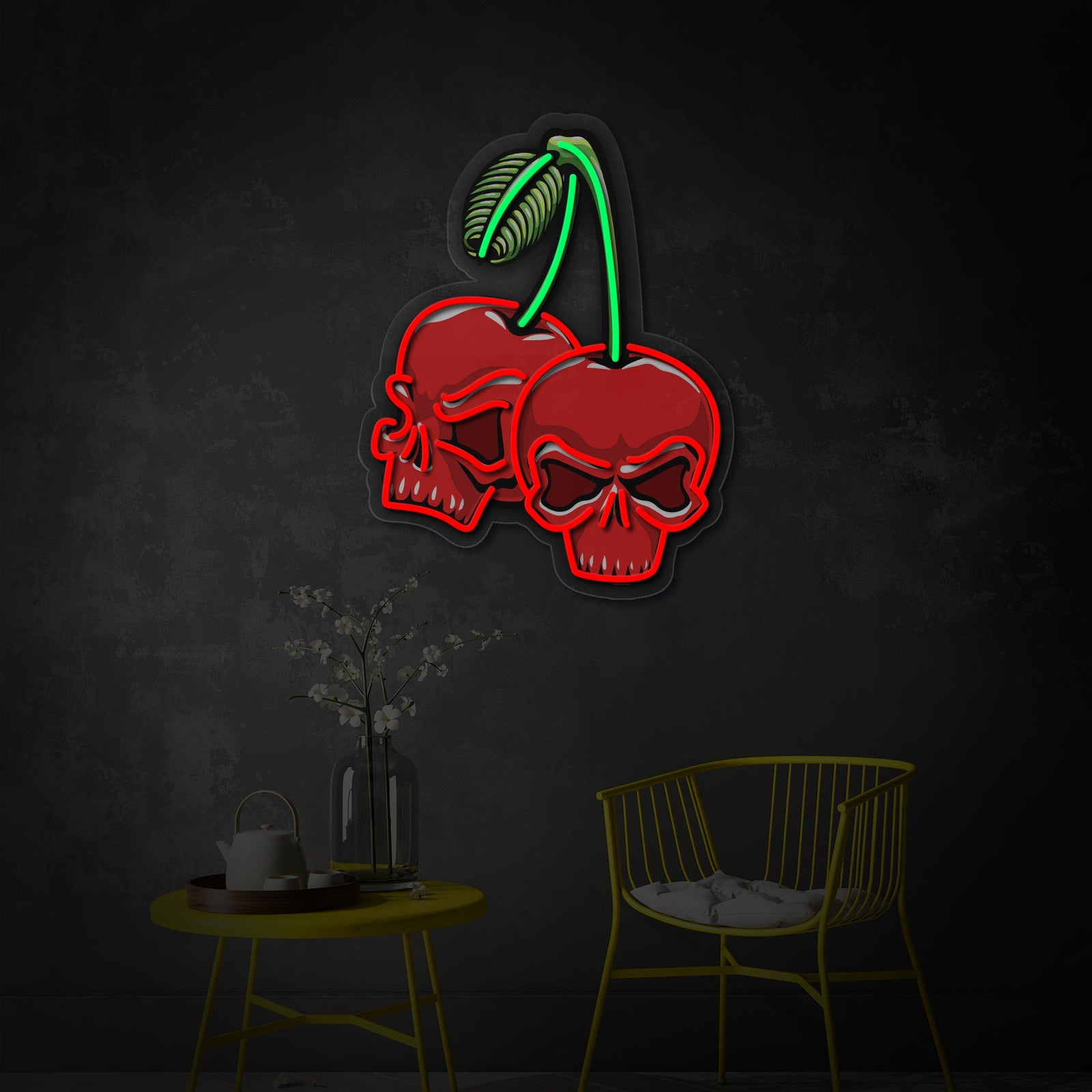 A wider view of the 'Cherry Old Skull' neon wall decor hanging on a dark wall, illustrating its impact and size in a room setting.