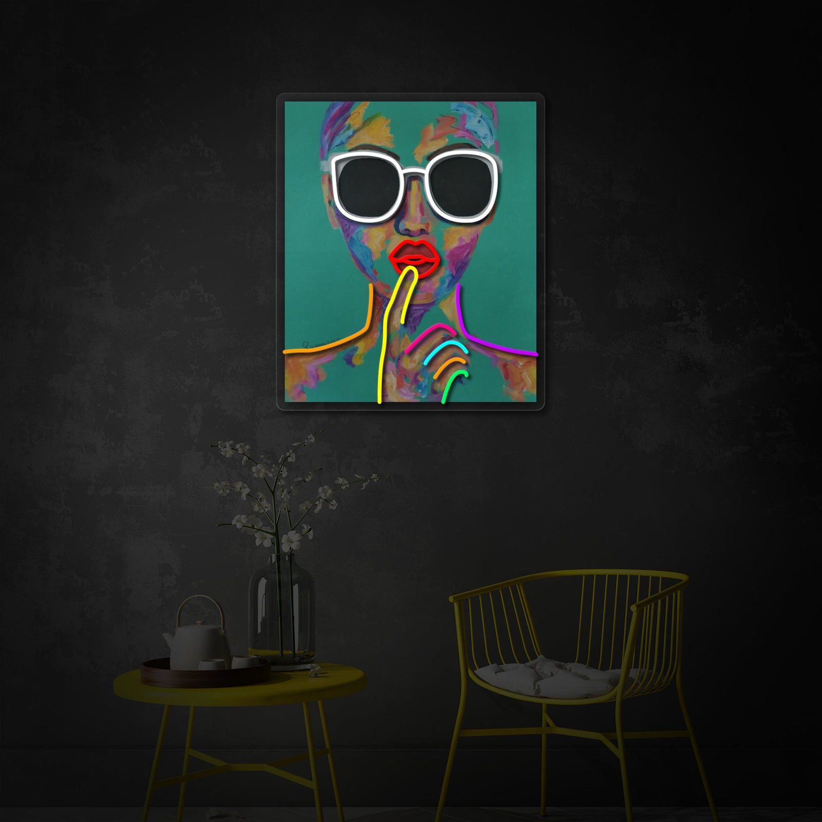 A stylish neon sign with a printed graphic of a woman and "FABULOUS" script over a yellow sofa.
