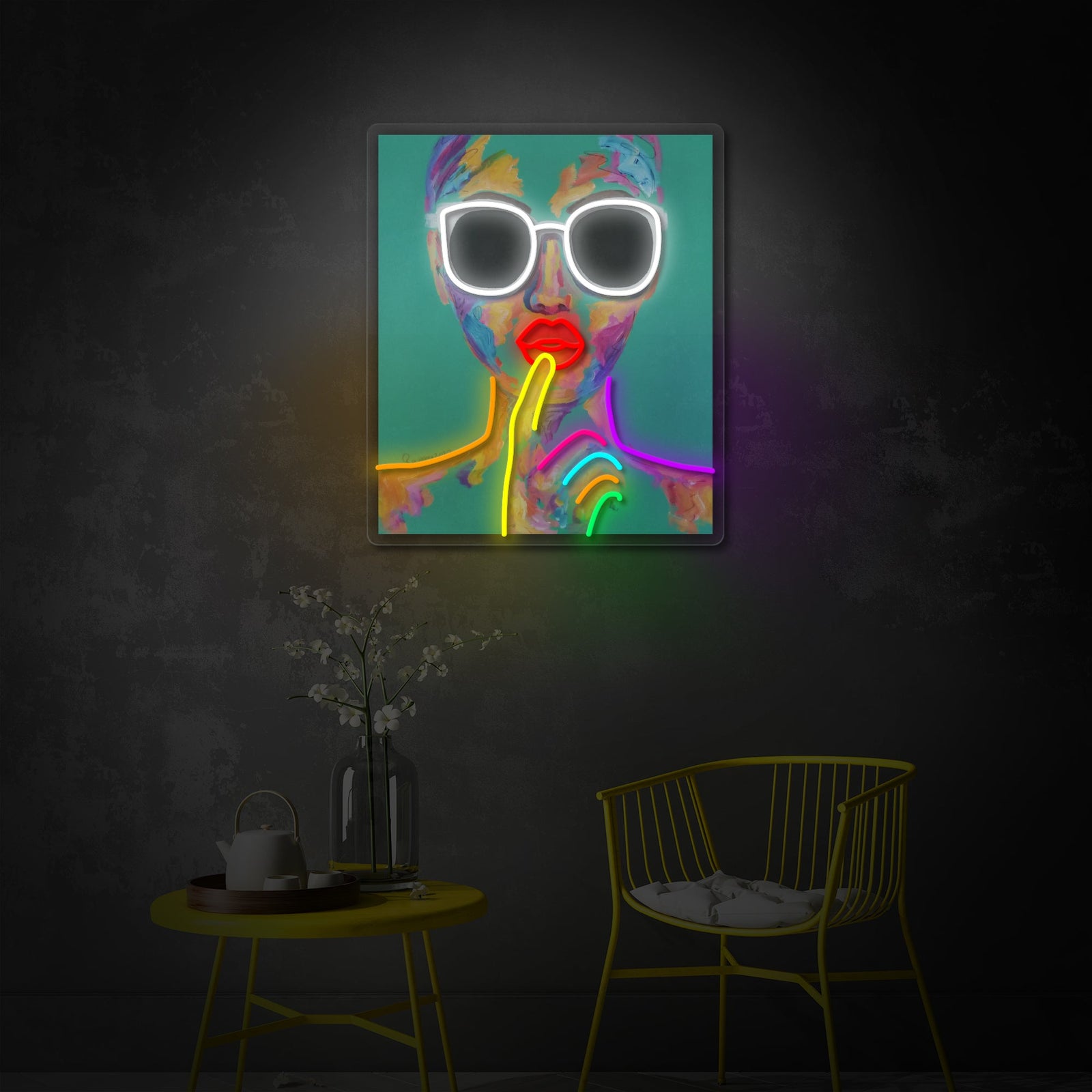 A chic woman with sunglasses holding flowers and a clutch, with the word FABULOUS in pink neon on a wall.