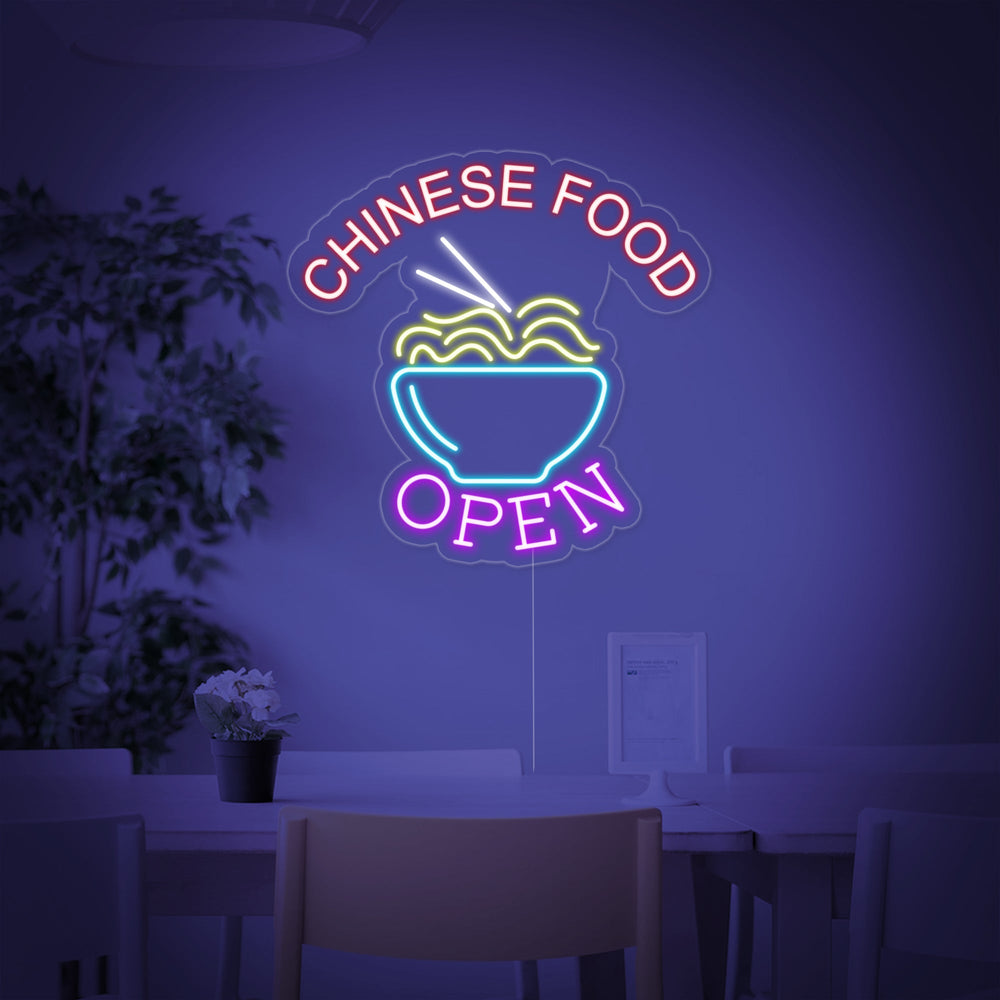 A vibrant 'Chinese Food Open Noodles' neon wall decor for a restaurant window.